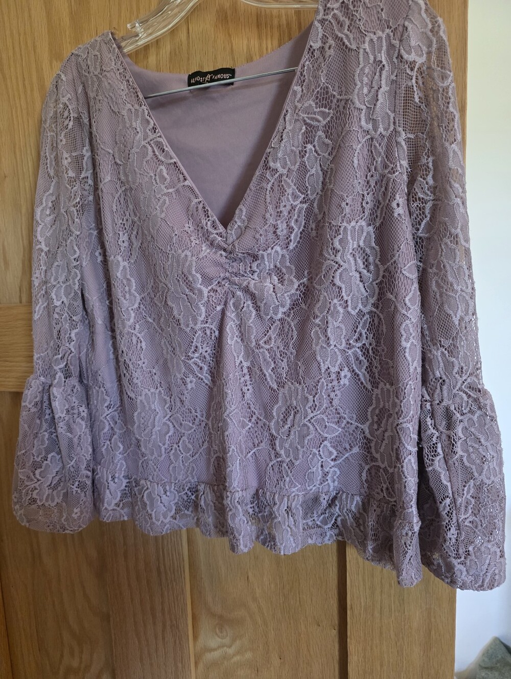 Almost Famous Lilac Floral Lace V-Neck Blouse with Ruffle Hem - Size 2XL